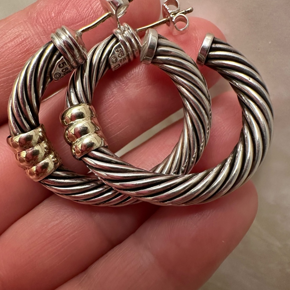 David Yurman Silver and Gold Cable Hoop Earrings